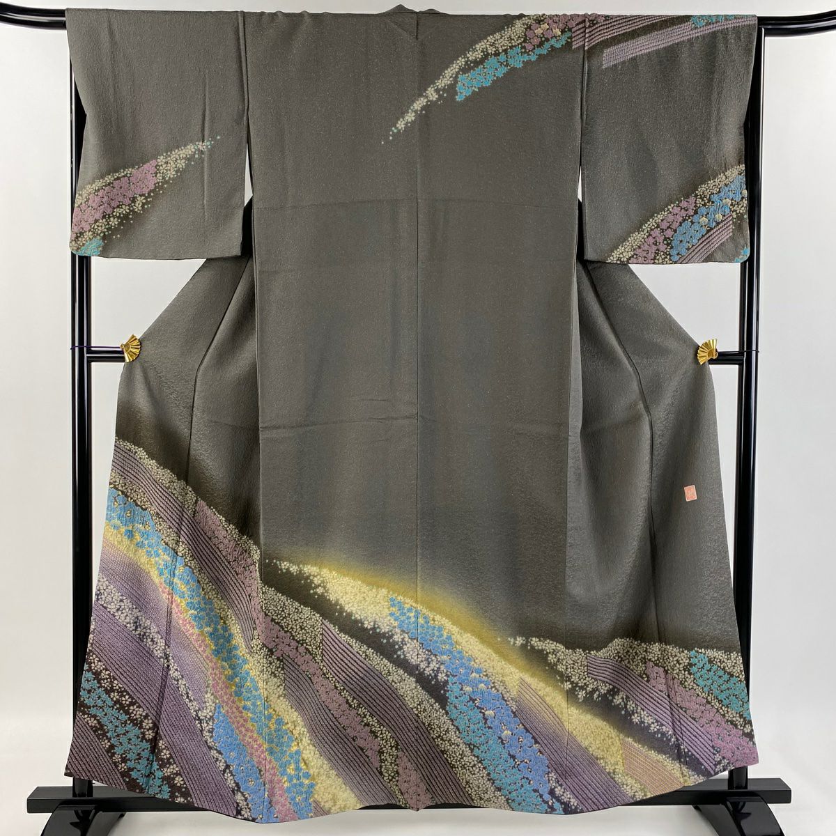 訪問着 身丈165cm 裄丈65cm M 袷 滝泰 落款 草花 霞 金通し 刺繍 青