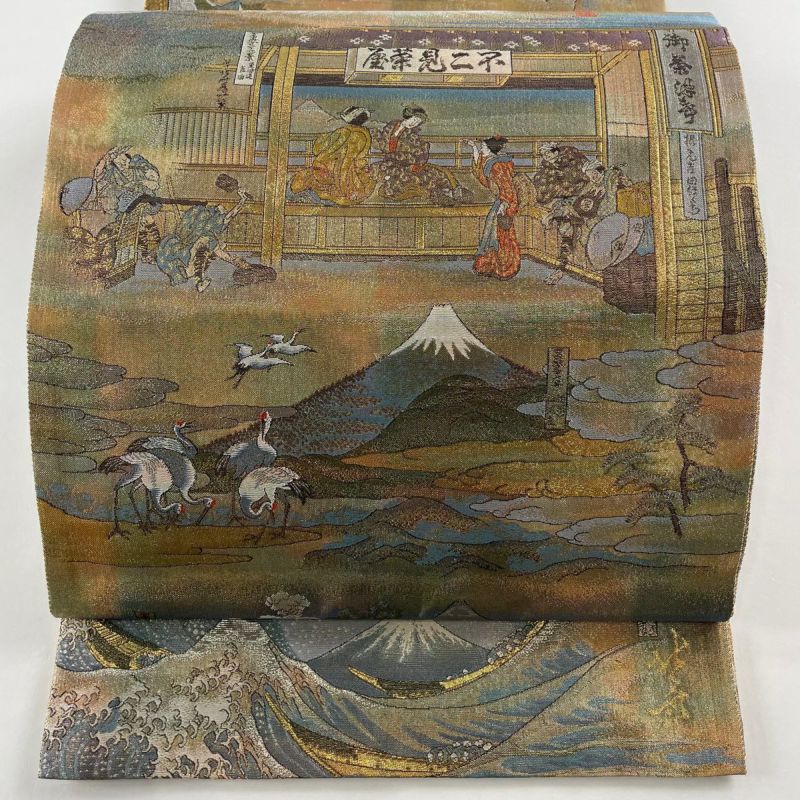 H-648 袋帯 正絹 お太鼓柄 金糸 箔 華模様 花丸模様 扇柄 金 袋帯 美品 名品 松 霞 螺鈿箔 箔 金色 お太鼓柄 正絹 【中古