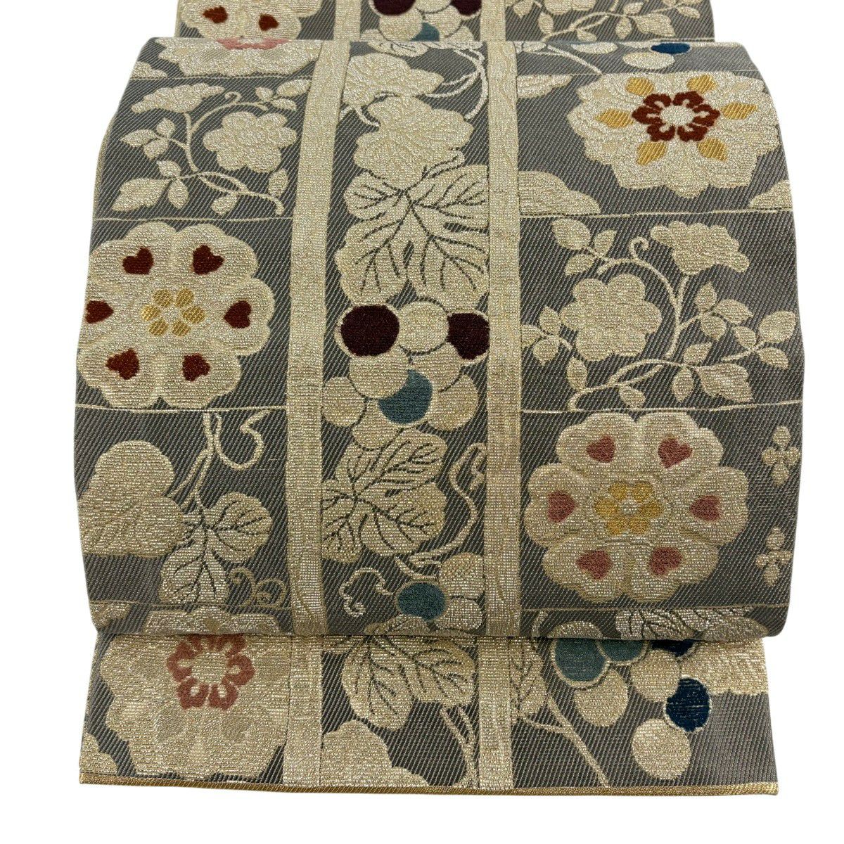 [極美品] 袋帯　正絹　アイボリー色　葡萄　唐草　洒落袋　カジュアル　小紋　紬 極美品] 袋帯 正絹 アイボリー色 葡萄 唐草 洒落袋 カジュアル 小紋 紬