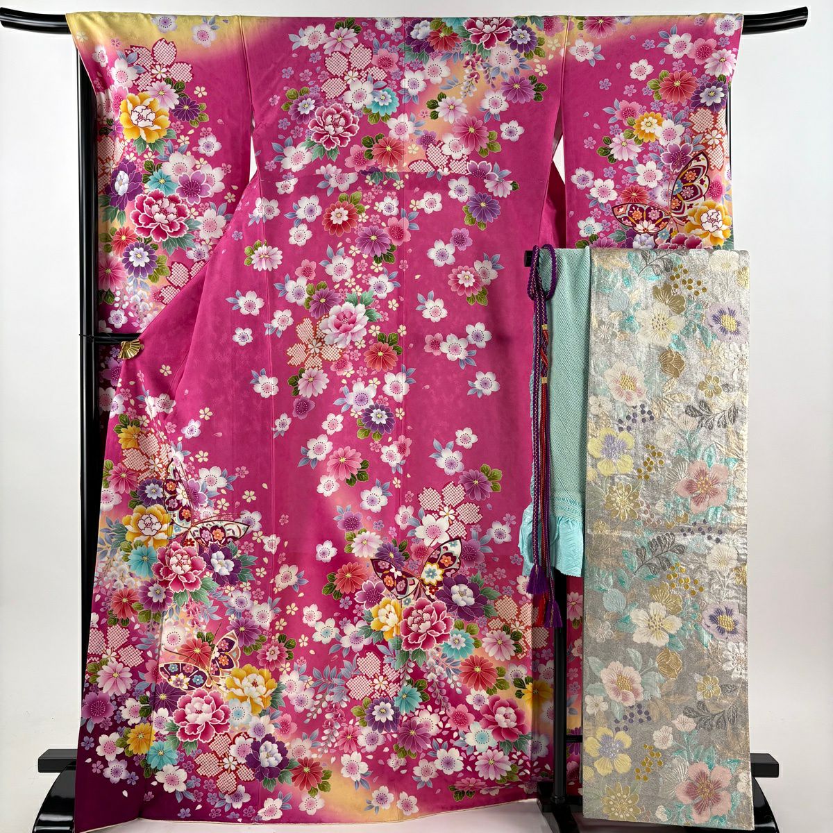 美品】 振袖 身丈170cm 裄丈68.5cm L 袷 袋帯フルセット 鼓 菊 箔 金彩