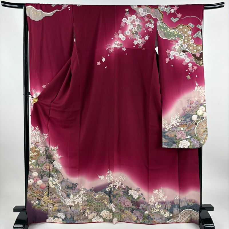 振袖 身丈169.5cm 裄丈65.5cm M 袷 牡丹 松竹梅 金糸 金銀彩 赤