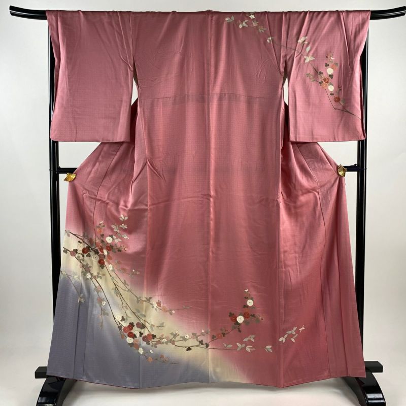 ピンク訪問着コーディネートセット 裄丈65cm 正絹 袷 訪問着 身丈163.5cm 裄丈66cm M 袷 菊 枝花 金彩 ぼかし ピンク