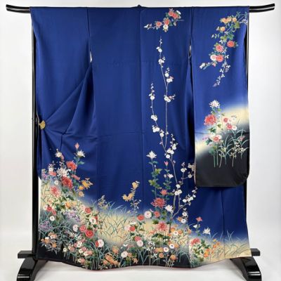振袖 身丈165cm 裄丈66.5cm M 袷 枝花 菊 ぼかし 青 正絹 美品