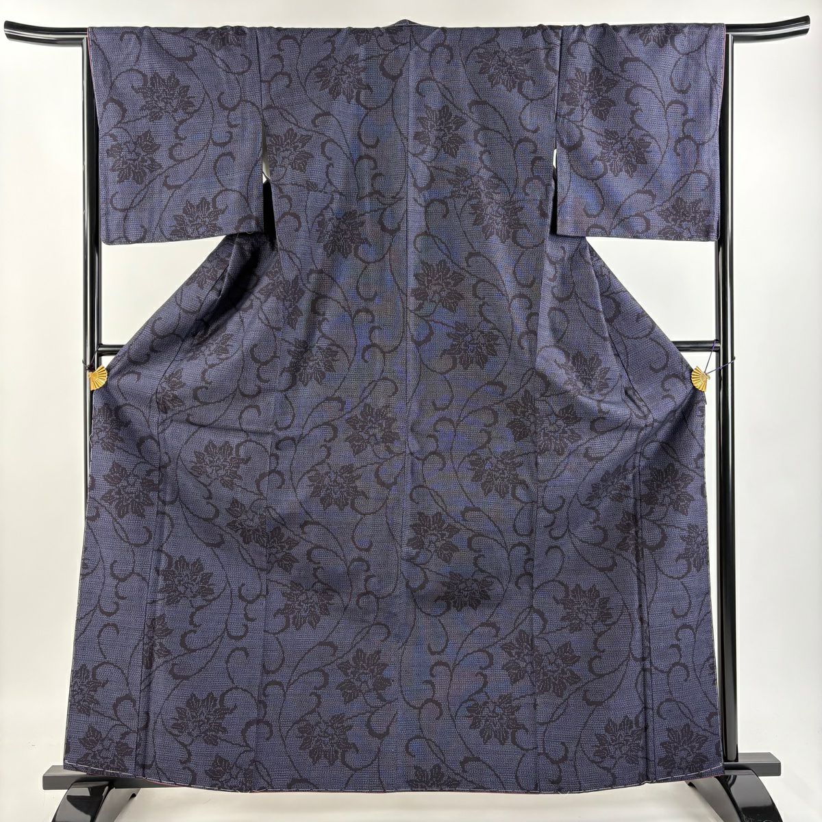 紬 身丈159.5cm 裄丈66cm M 袷 幾何学模様 亀甲絣 濃紫 正絹 秀
