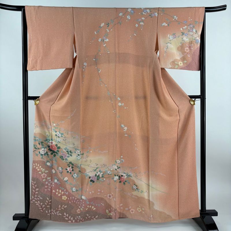 訪問着 身丈160cm 裄丈65cm M 袷 椿 菊 絞り 金彩 サーモン