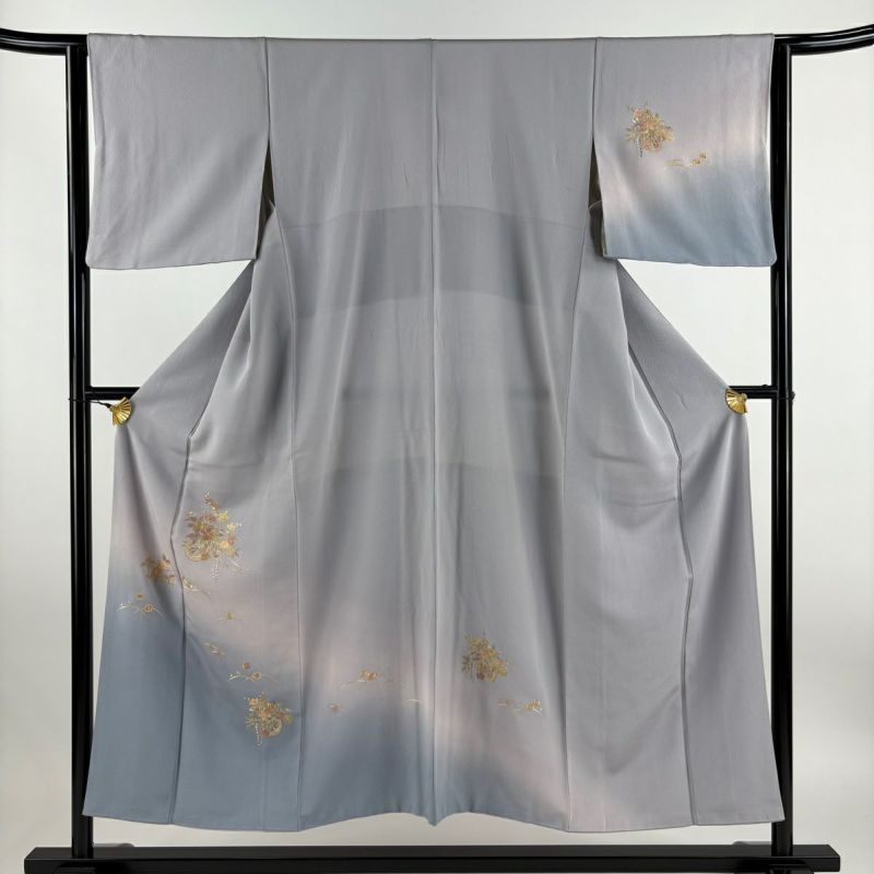 未使用品 訪問着 付け下げ 総絞り ブルー系 刺繍 枝花 身丈169.0cm正絹 付下げ 身丈150.5cm 裄丈63cm S 袷 花車 芝 刺繍 ぼかし 薄紫