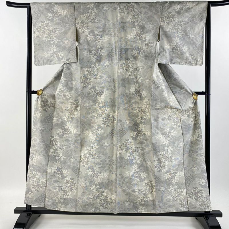 紬 身丈158cm 裄丈64cm M 袷 草花 菱 灰色 正絹 秀品｜中古