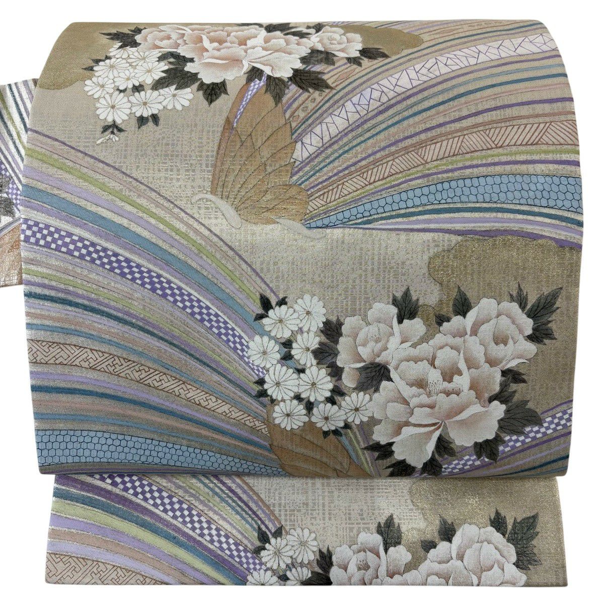 名古屋帯 優品 立涌 縞 箔 黄土色 正絹｜中古・古着・リサイクル着物