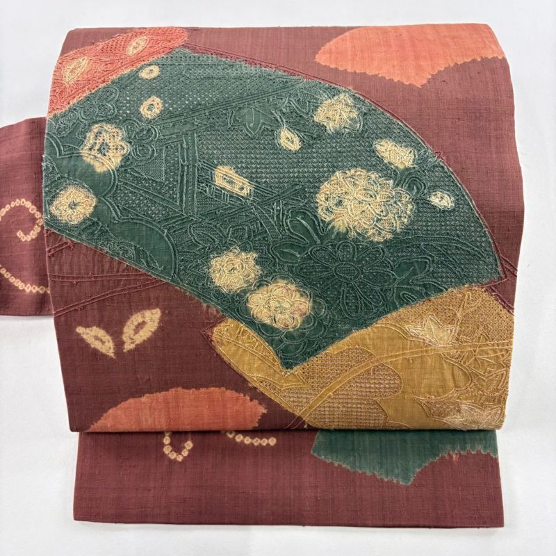 【名古屋帯】紬地 市松花唐草仕覆文 生成り 美品 銘品 名古屋帯】紬地 市松花唐草仕覆文 生成り 美品 銘品