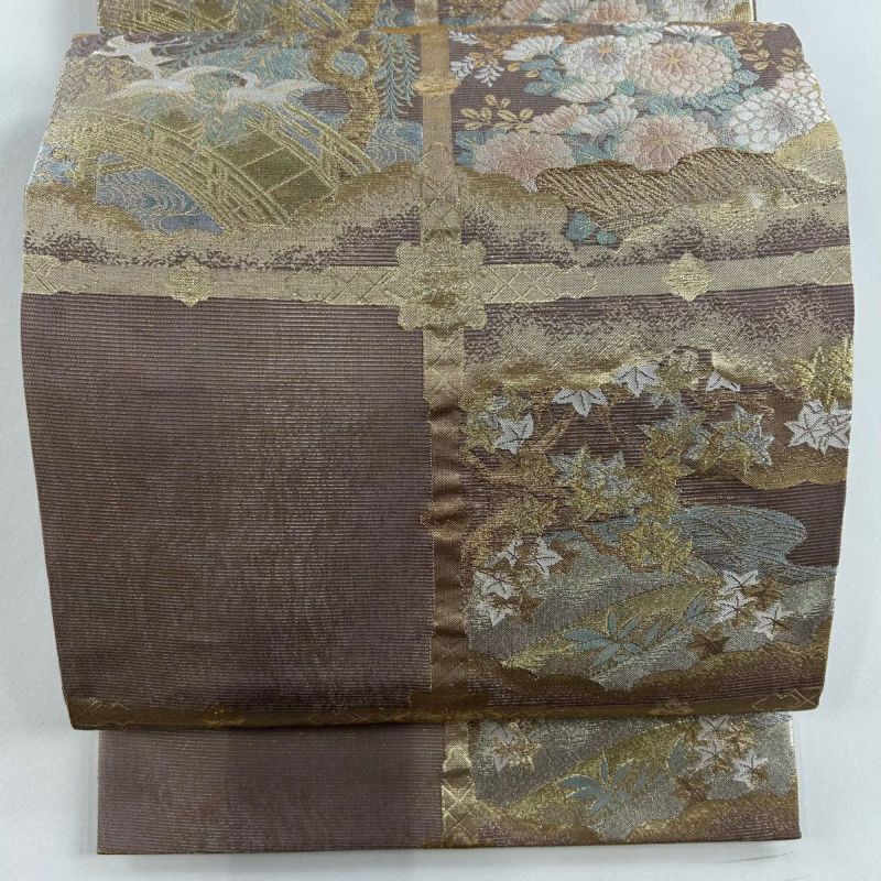 袋帯 秀品 夏帯 絽 菊 橋 金銀糸 箔 薄小豆 六通 正絹｜中古