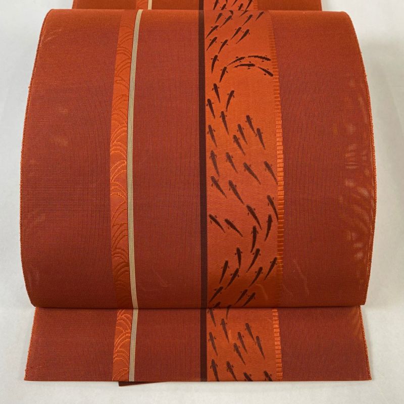 名古屋帯 優品 夏帯 紗 松葉仕立て 八寸名古屋帯 メダカ 朱色 名古屋帯 優品 夏帯 紗 松葉仕立て 八寸名古屋帯 メダカ 朱色