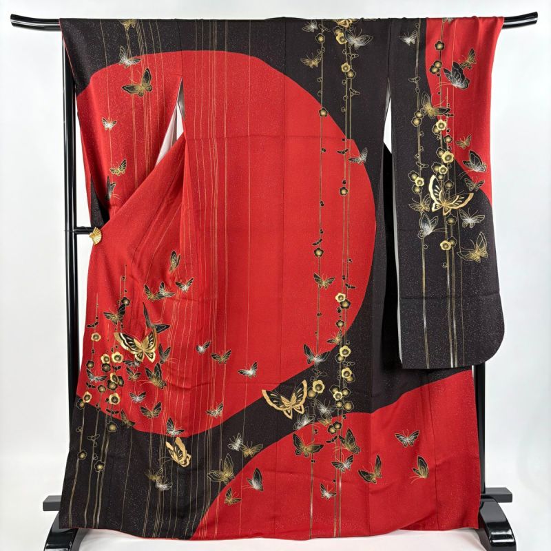 振袖 身丈168cm 裄丈70cm L 袷 蝶 枝梅 金銀彩 箔」 茜色 正絹