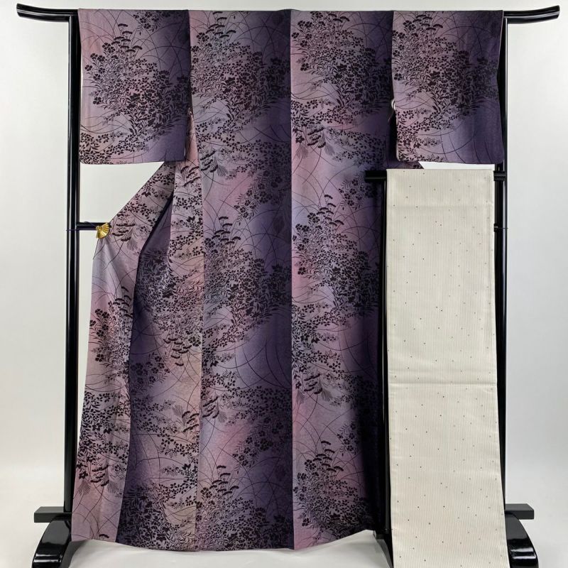 美品 小紋 付け下げ くすみブルー ネイビー 草花 身丈159.0cm 正絹 小紋 身丈162cm 裄丈67.5cm L 袷 前田仁仙 落款 草花 鳥 黒灰