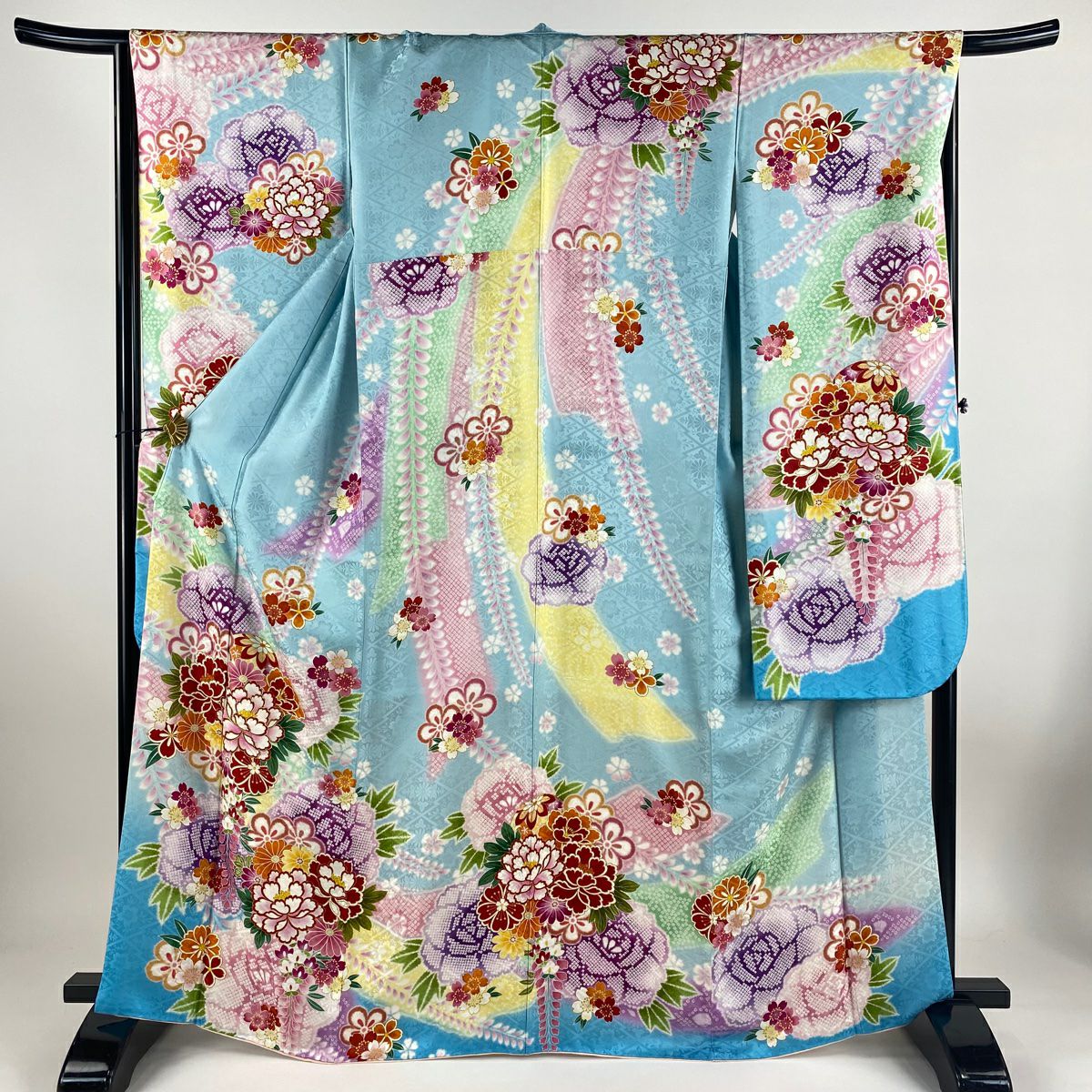振袖 絞り 金彩 水色×朱色 ぼかし 身丈157 裄67 TAKAZENの振袖 /緑色/古典/桜柄/ プレミアム古典 青柳/最高級