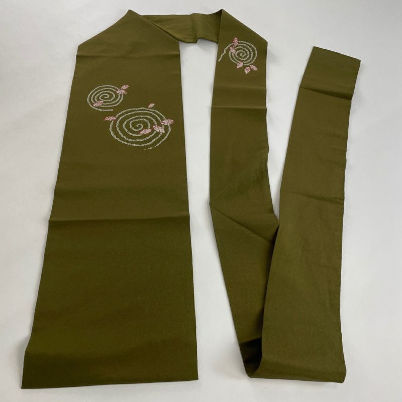 名古屋帯 美品 優品 渦巻き 葉 縮緬 茶緑色 正絹|中古・古着 名古屋帯 美品 優品 渦巻き 葉 縮緬 茶緑色 正絹|中古・古着