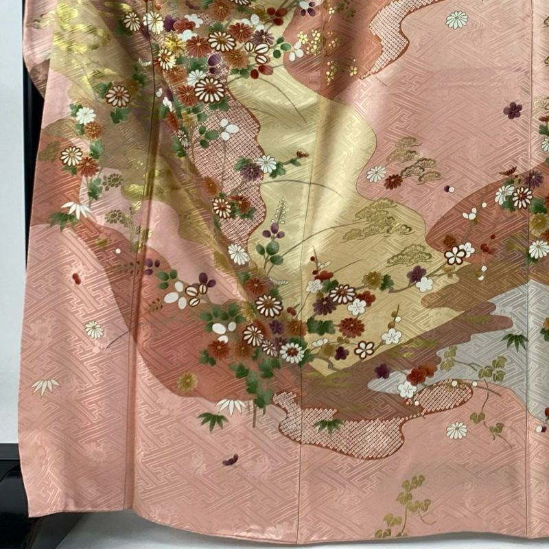 振袖 身丈165cm 裄丈67cm M 袷 菊 枝梅 金糸 金彩 ピンク 正絹