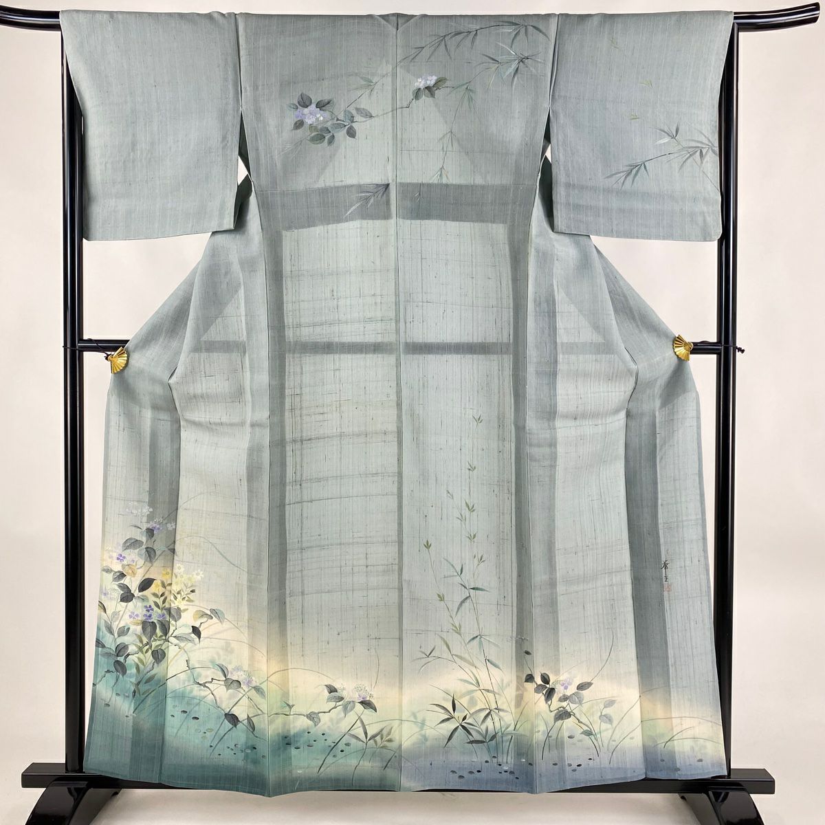 紬 身丈158.5cm 裄丈66.5cm M 単衣 市松 花 ベージュ 正絹 美品