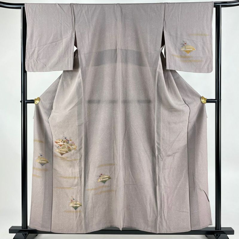 付下げ 身丈157cm 裄丈63.5cm S 単衣 草花 霞 刺繍 金彩 灰紫 付下げ 身丈157cm 裄丈63.5cm S 単衣 草花 霞 刺繍 金彩 灰紫