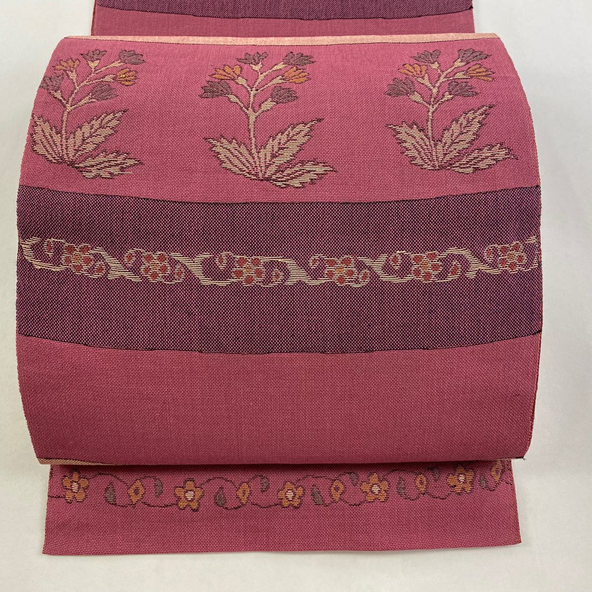 名古屋帯 優品 松葉仕立て 八寸名古屋帯 草花 縞 紫 正絹｜中古・古着