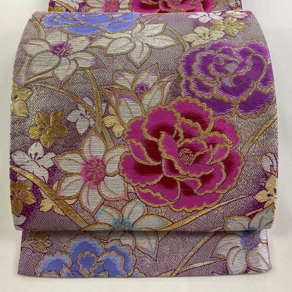 ZF-1134 袋帯 花唐草 金糸 薄紫 正絹 六通 お洒落 袋帯 秀品 落款あり 草花 紫 六通 正絹 中古 : リユースセレクト