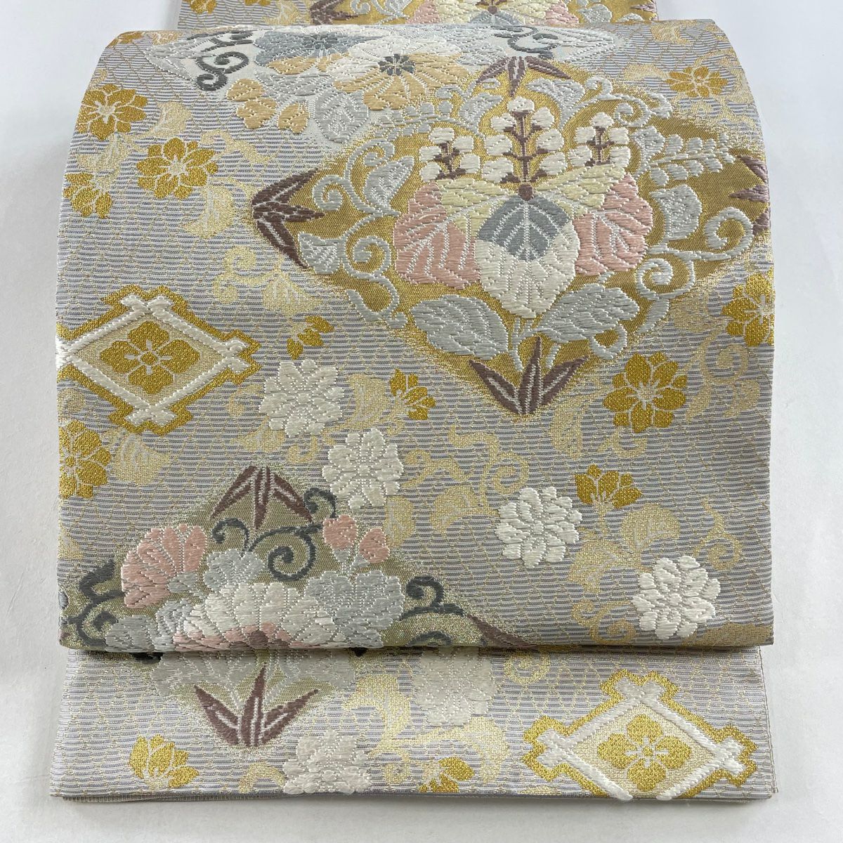 袋帯 秀品 石畳小紋尽文様 唐織 箔 茶緑色 六通 正絹|中古 袋帯 秀品 石畳小紋尽文様 唐織 箔 茶緑色 六通 正絹|中古