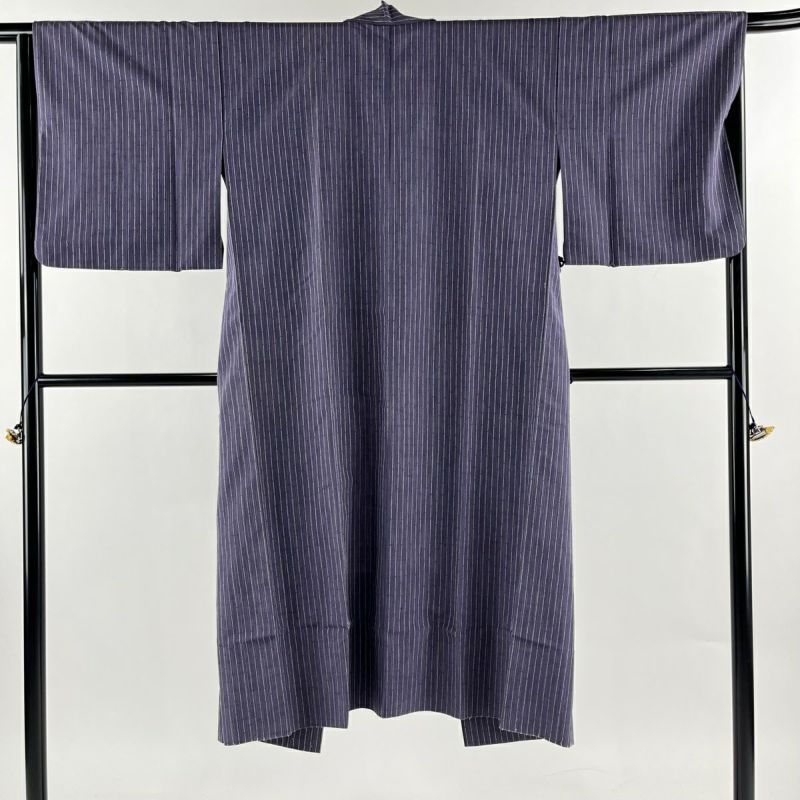 道中着 身丈130.5cm 裄丈65.5cm M 和装コート 紬地 縞 紫 正絹 名品 