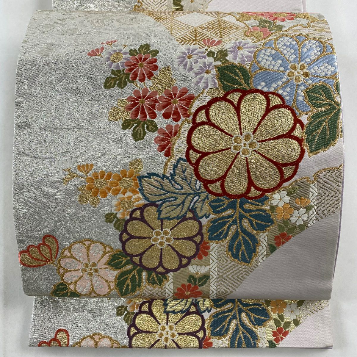 B9 豪華 七宝麗華文 金糸 青海波 藤 菊 牡丹 六通 正絹 フォーマルな袋帯 B9 豪華 七宝麗華文 金糸 青海波 藤 菊 牡丹 六通 正絹 フォーマルな