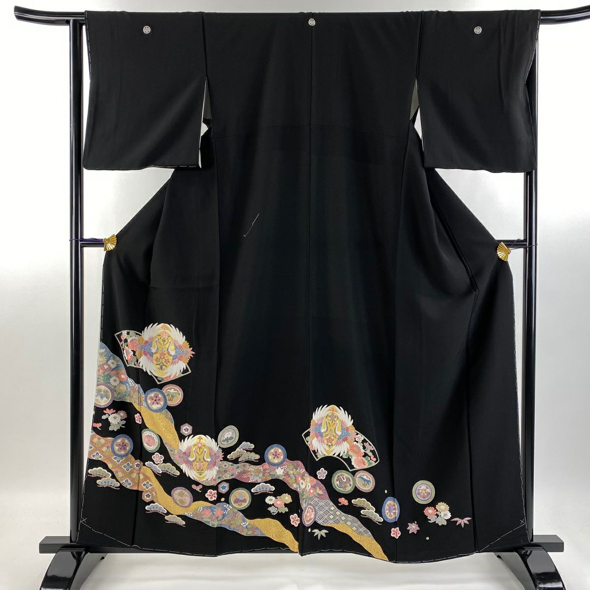 黒留袖 身丈157cm 裄丈62.5cm S 袷 山鉾 人物 金糸 刺繍 黒 正絹 優品