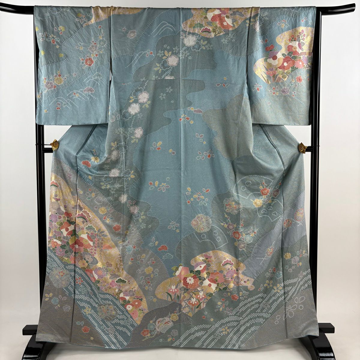 名古屋帯 逸品 草花 霞 総絞り 水色 正絹｜中古・古着・リサイクル着物