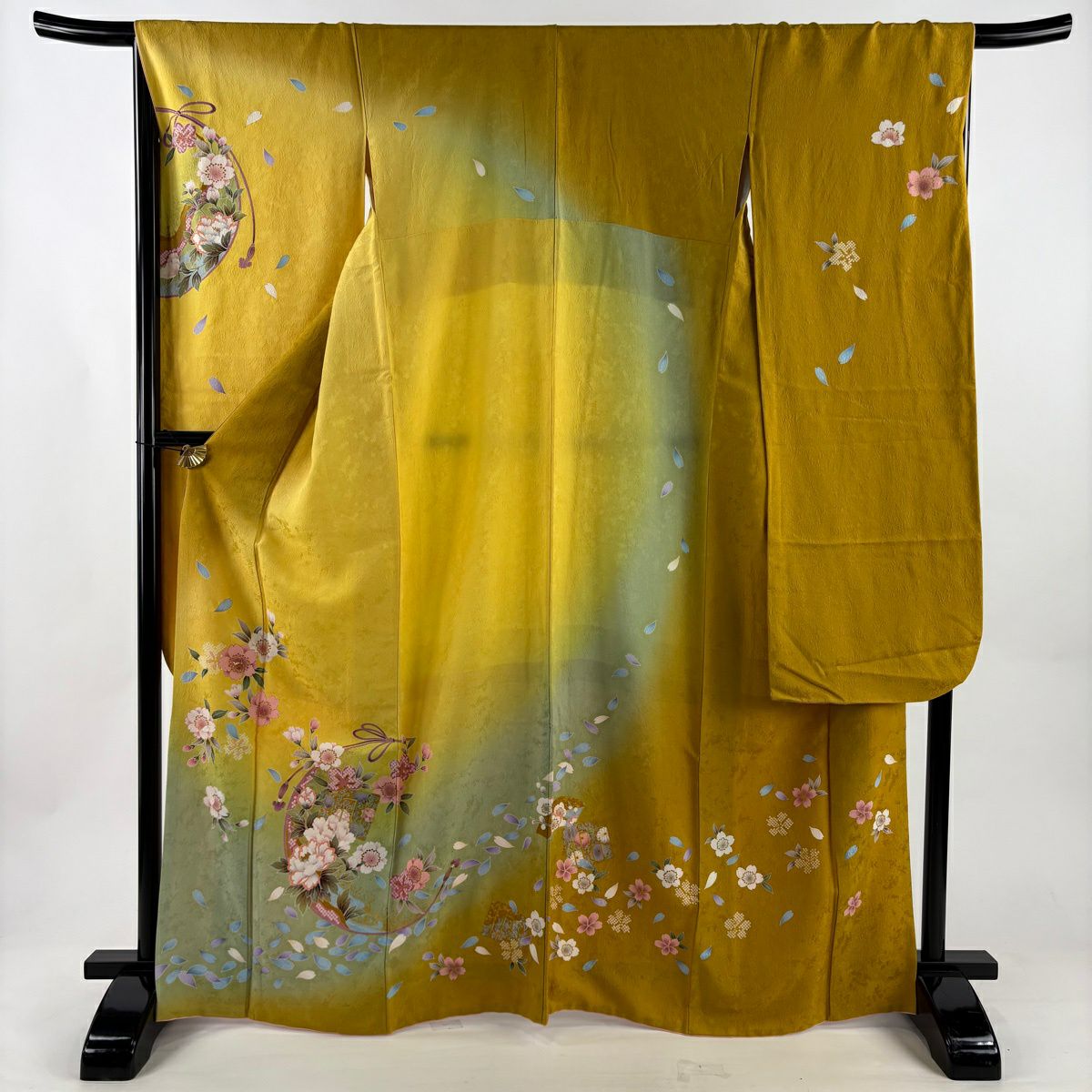 振袖 身丈166.5cm 裄丈67cm M 袷 鈴乃屋 桜 源氏香 ラメ 金彩 黄色