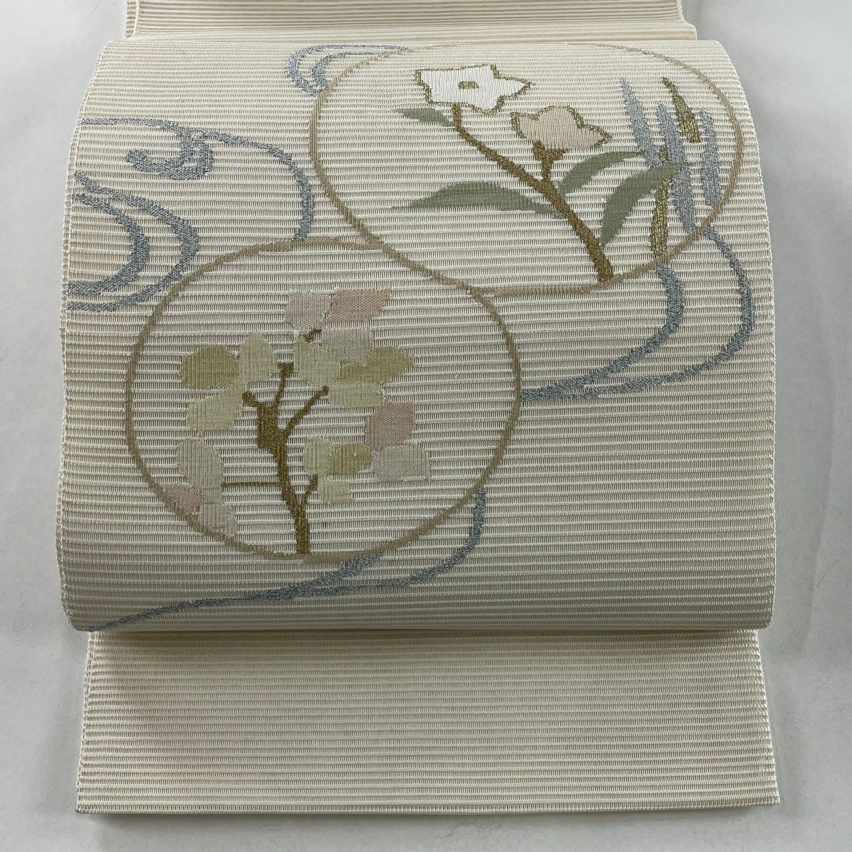 袋帯 秀品 夏帯 絽 草花 竹 金銀糸 箔 ベージュ 六通 正絹｜中古