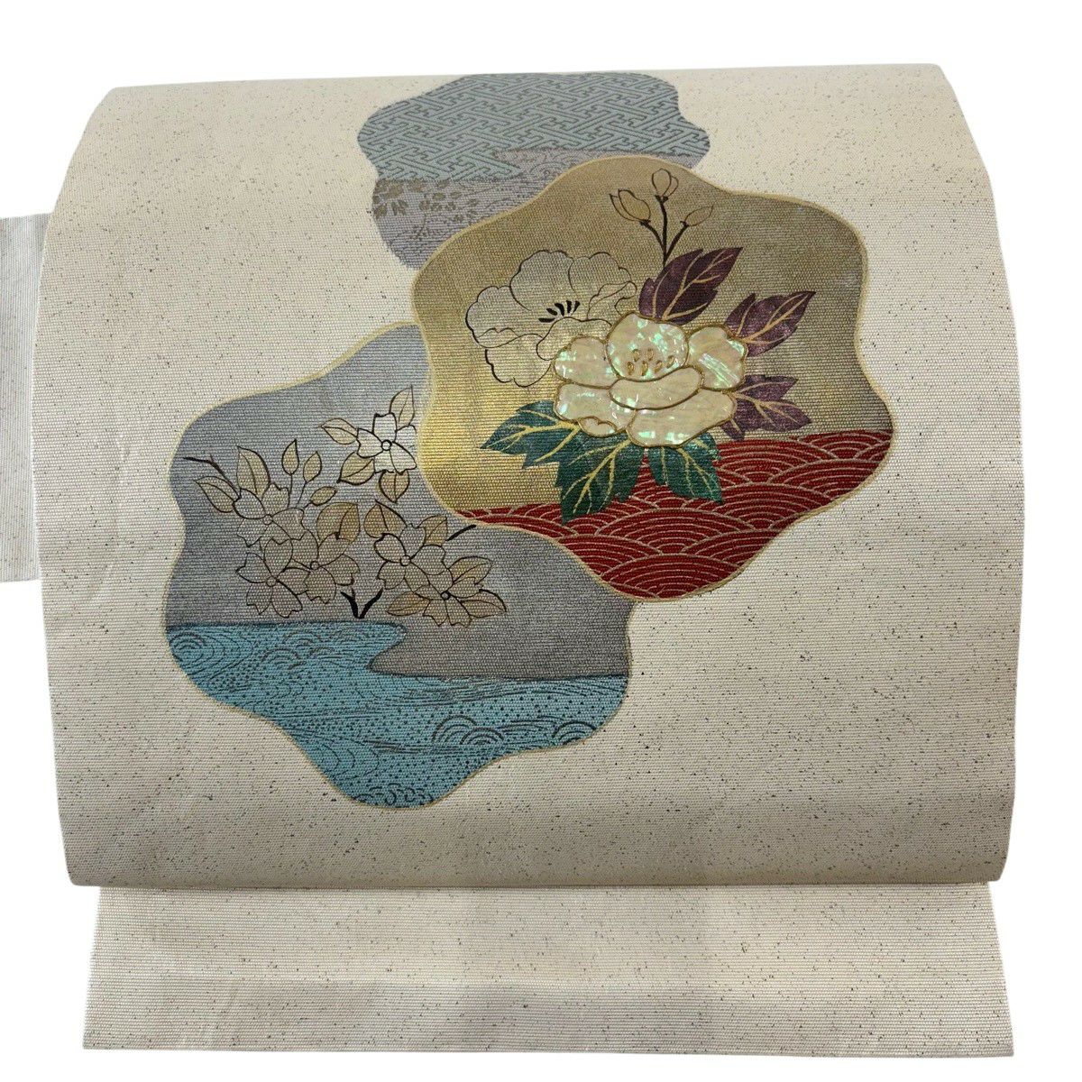 名古屋帯 秀品 草花 青海波 螺鈿 金彩 ベージュ 正絹｜中古・古着