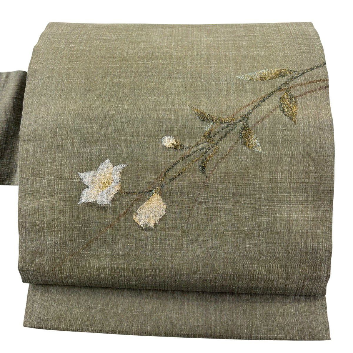 美品】 名古屋帯 秀品 草花 金糸 箔 茶緑色 正絹｜中古・古着