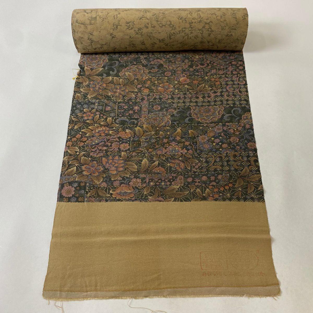 最終値引き】 70%OFF 袋帯 美品 名品 花唐草 網代 唐織 箔 灰緑