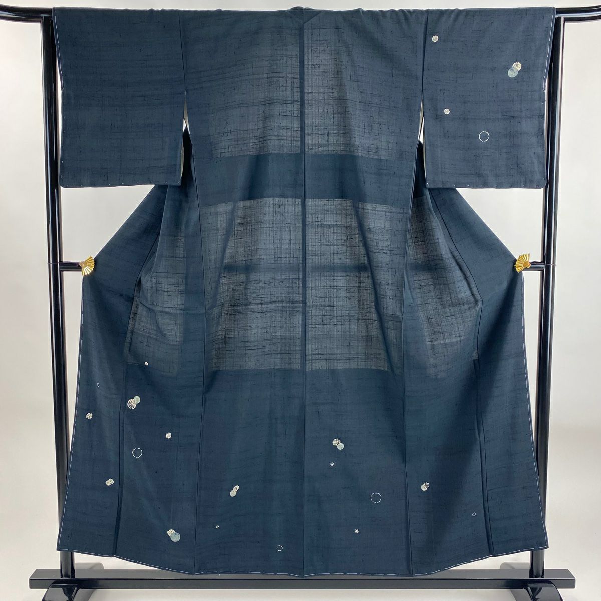 紬 身丈167.5cm 裄丈64.5cm M 袷 ヱ霞 鳥 青黒 正絹 秀品｜中古・古着