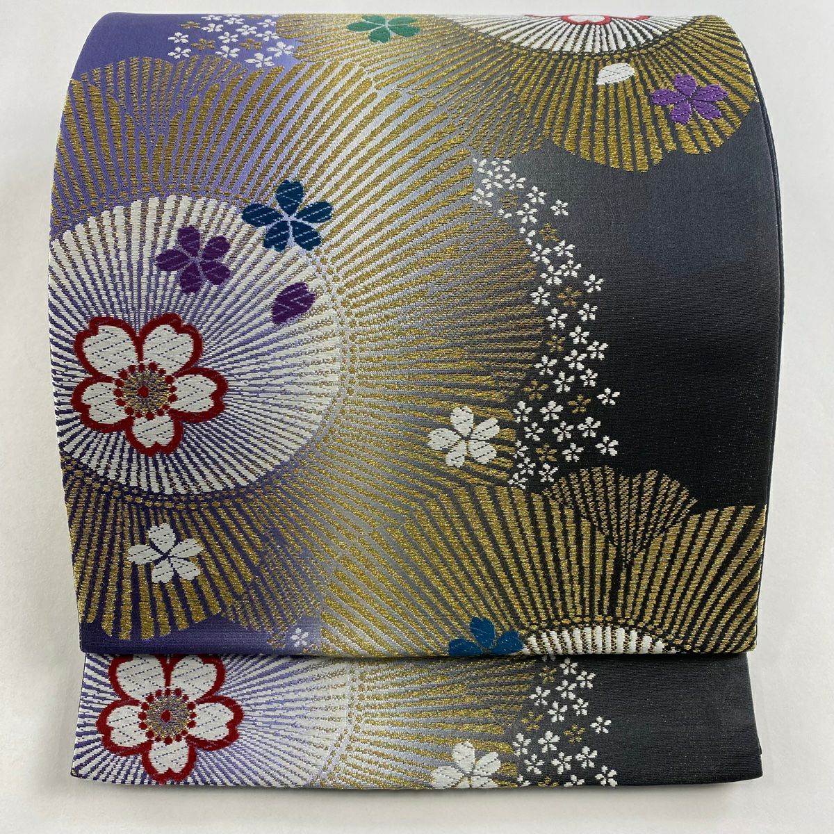 美品　紗すくい織霞模様織り出し袋帯　夏帯　チャコール系　c45 袋帯 美品 秀品 桜 霞 金糸 箔 灰紫 六通 正絹｜中古・古着