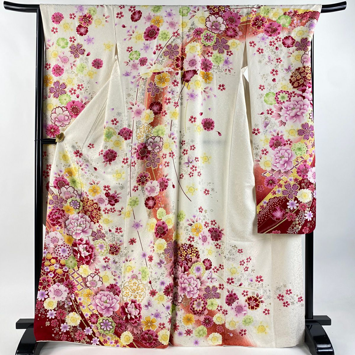 振袖 身丈156cm 裄丈65.5cm M 袷 菊 家屋 刺繍 金糸 クリーム 正絹