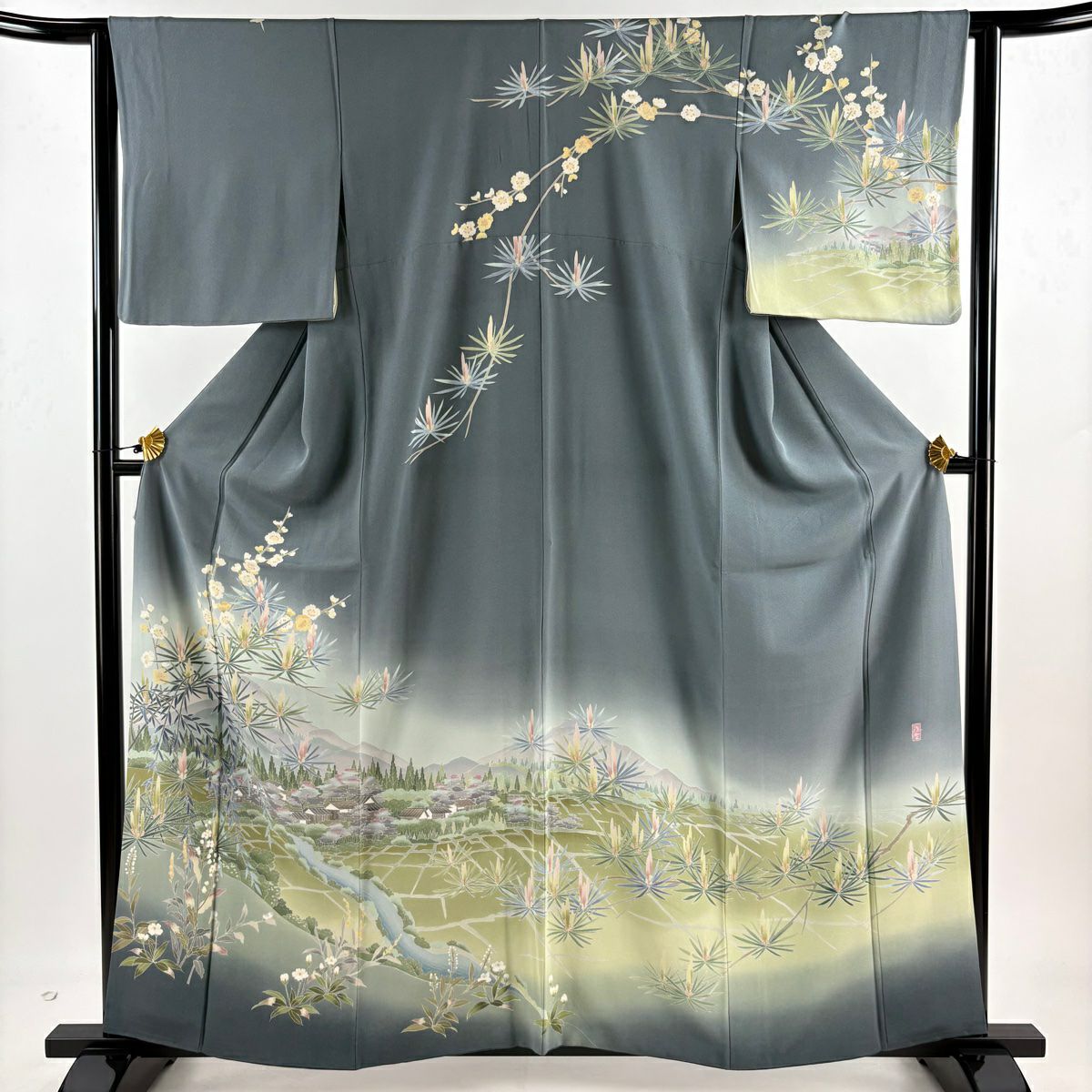 鈴乃屋 訪問着 袷 正絹 長尺 トールサイズ 灰色 グレー 七五三 初釜 訪問着 身丈162.5cm 裄丈68cm L 袷 鈴乃屋 落款あり 独楽 組紐 銀糸 灰