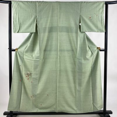 付下げ 身丈157cm 裄丈62.5cm S 袷 紬地 藤 桜 刺繍 金糸 薄緑 付下げ 身丈157cm 裄丈62.5cm S 袷 紬地 藤 桜 刺繍 金糸 薄緑