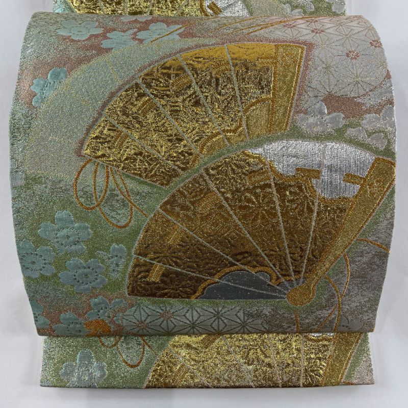 袋帯 美品 秀品 桧扇 桜 金糸 箔 薄緑 六通 正絹｜中古・古着