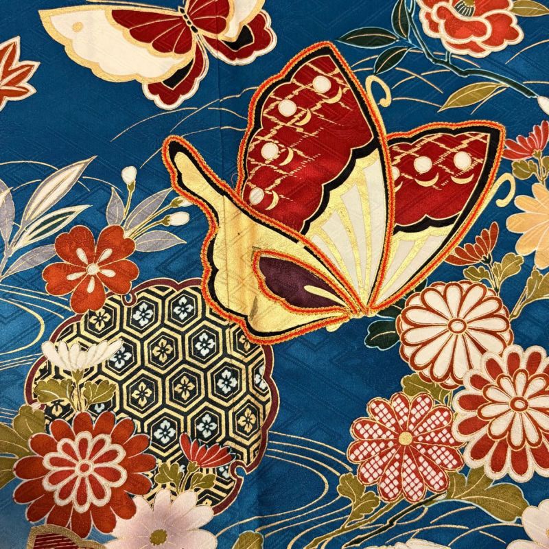 振袖 身丈169.5cm 裄丈68cm L 袷 蝶 草花 金糸 金彩 青 正絹 秀