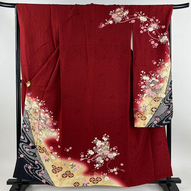 振袖 身丈159cm 裄丈67cm M 袷 桜 手鞠 金彩 ぼかし 赤 正絹 美