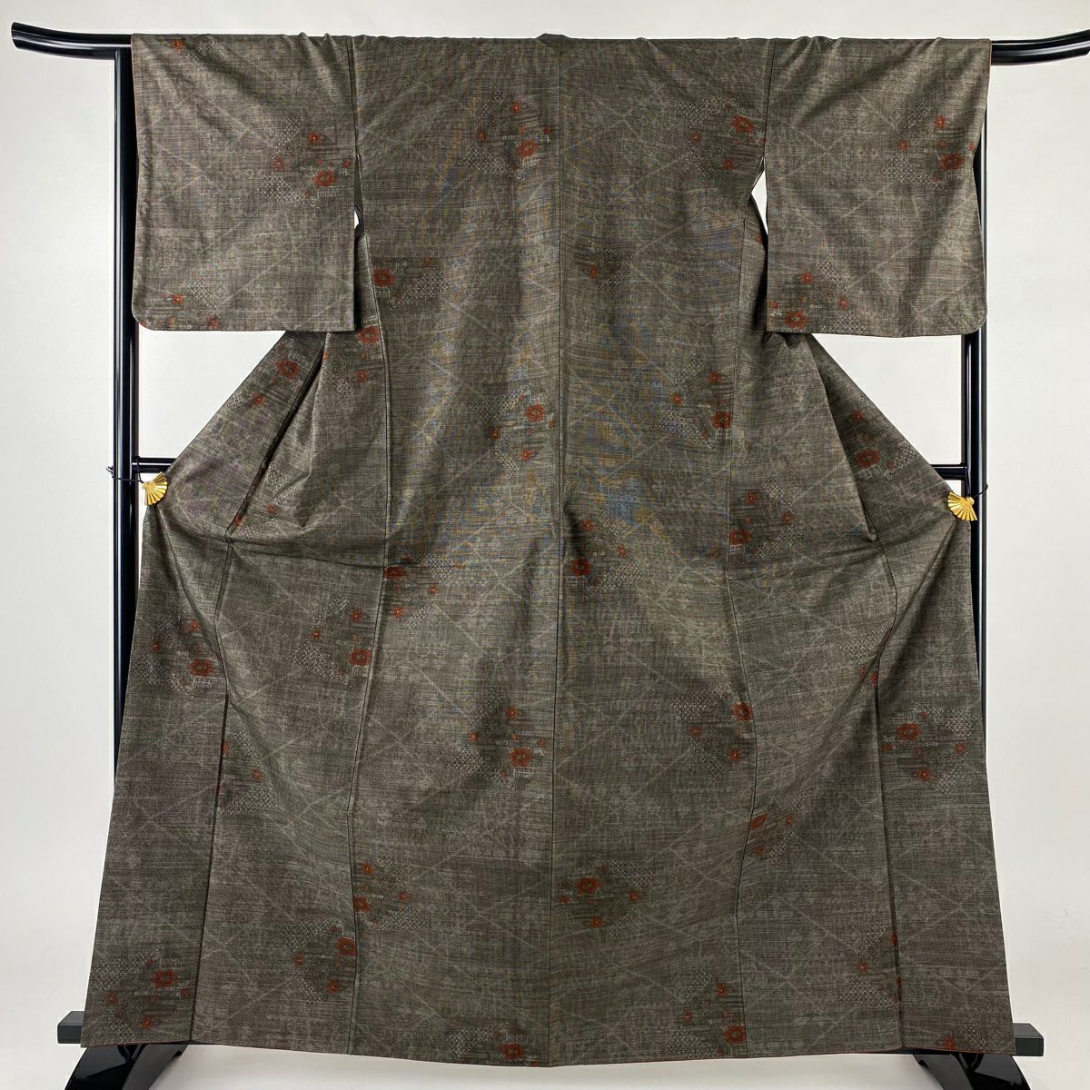 紬 身丈163cm 裄丈68.5cm L 単衣 幾何学模様 ベージュ 正絹 秀品
