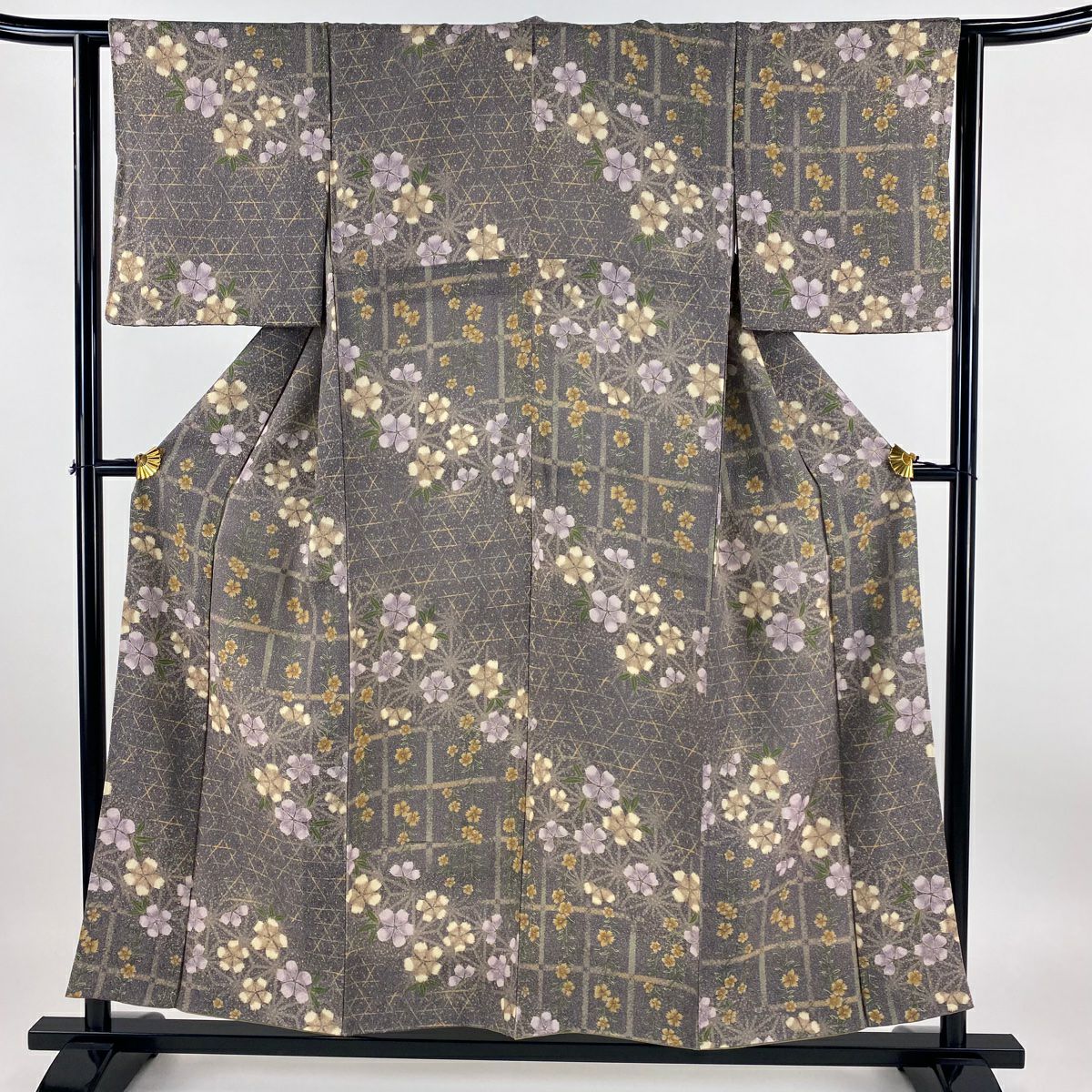 小紋 身丈163.5cm 裄丈65.5cm M 袷 草花 寄せ柄 金彩 薄小豆