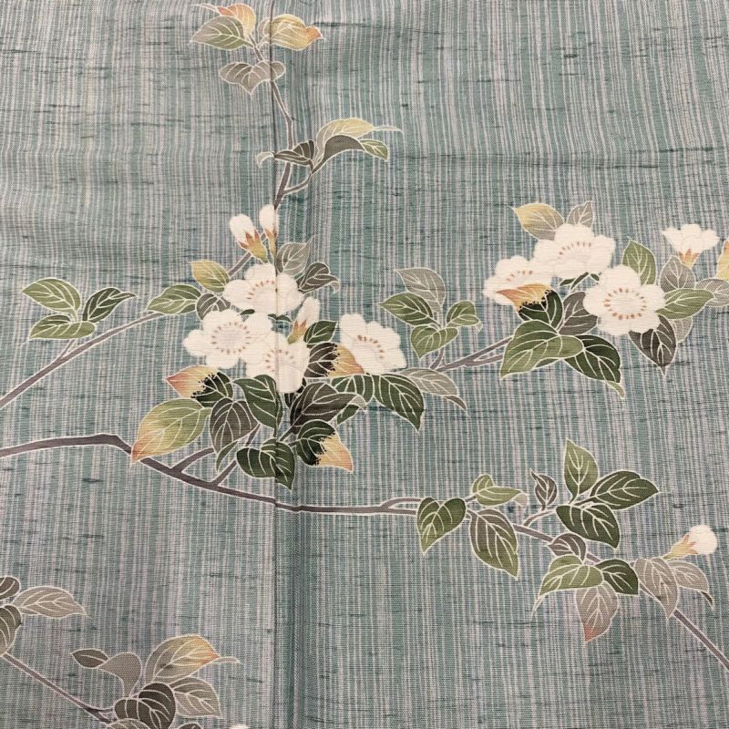 訪問着 身丈163.5cm 裄丈66.5cm M 単衣 紬地 桜 流水 薄緑 正絹