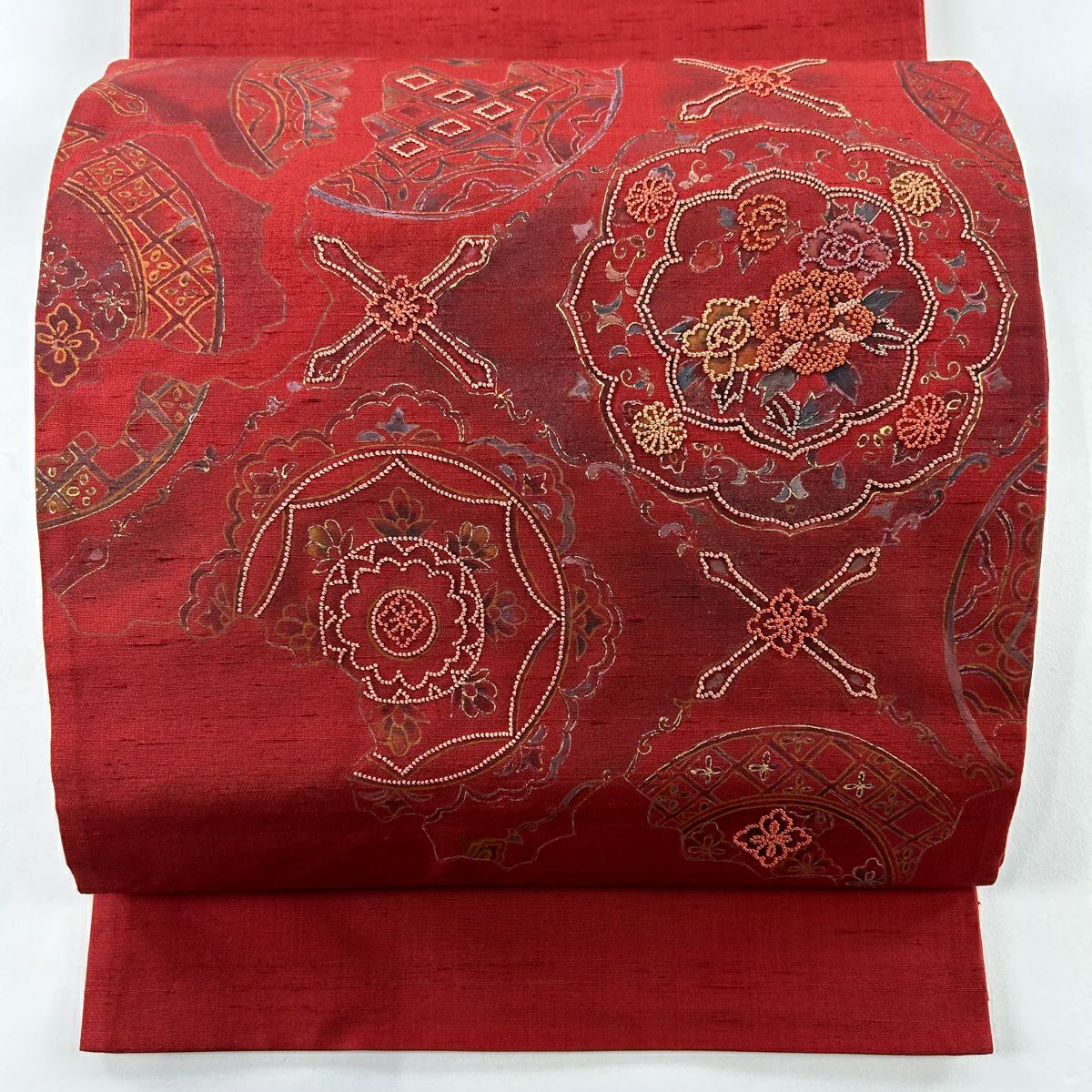 紬八寸名古屋帯（抽象花文）長371 正絹美品 名古屋帯 美品 秀品 紬地 関西仕立て 葡萄 霞 刺繍 えんじ色