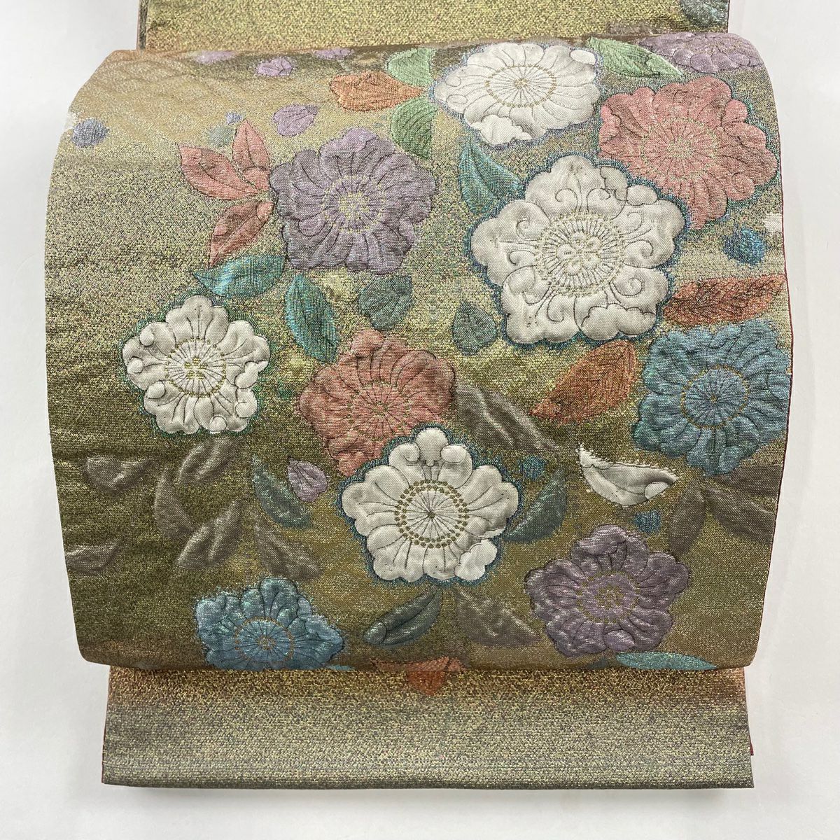 袋帯 美品 秀品 幾何学 箔 紫 お太鼓柄 正絹｜中古・古着