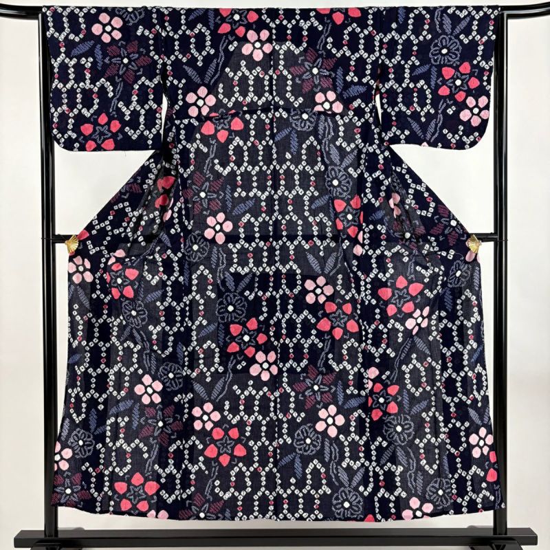 未使用品 浴衣 有松絞り バチ衿 紺 アゲハ蝶 身丈161.5cm お洒落 夏