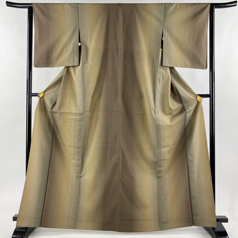 お召 身丈165.5cm 裄丈64cm M 単衣 格子 茶緑色 正絹 美品 逸品 お召 身丈165.5cm 裄丈64cm M 単衣 格子 茶緑色 正絹 美品 逸品
