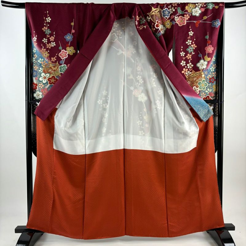 振袖 身丈163.5cm 裄丈67cm M 袷 糸巻き 枝梅 金糸 金彩 赤紫